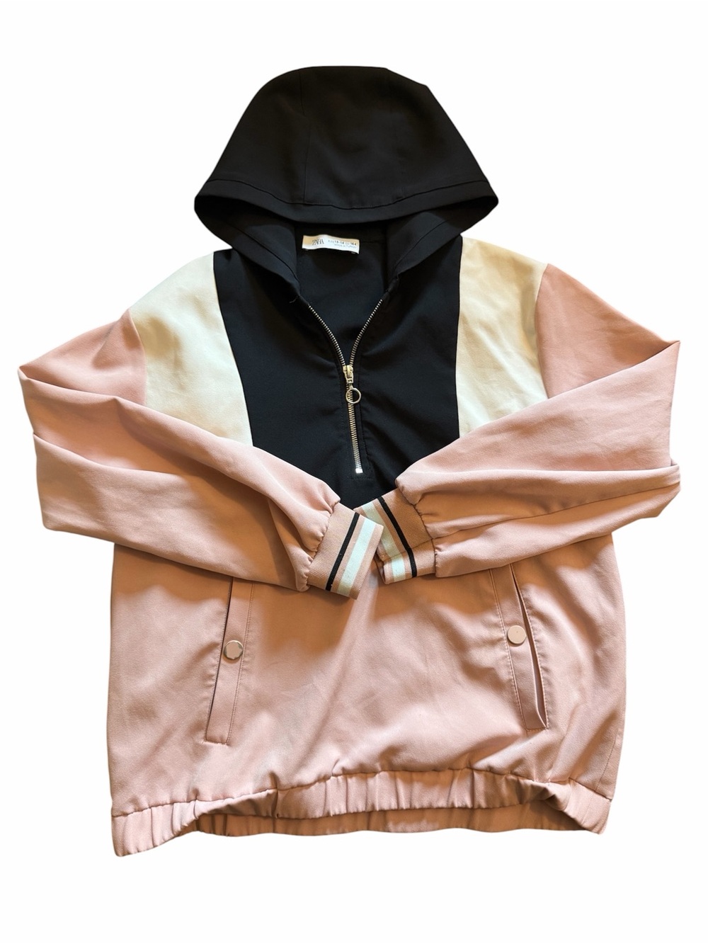 Zara Black, Blush Pink & Cream Colorblock Half-Zip Hoodie